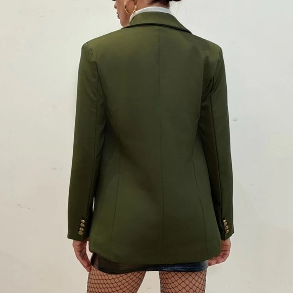 Lapel Collar Double Breasted Blazer Army Green - Picture 4 of 8